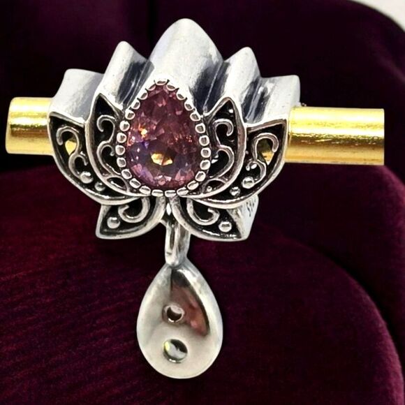 Lotus Flower Charm S925 Sterling Silver Purple Dangle Bracelet Bohemian Tribal - Picture 4 of 5